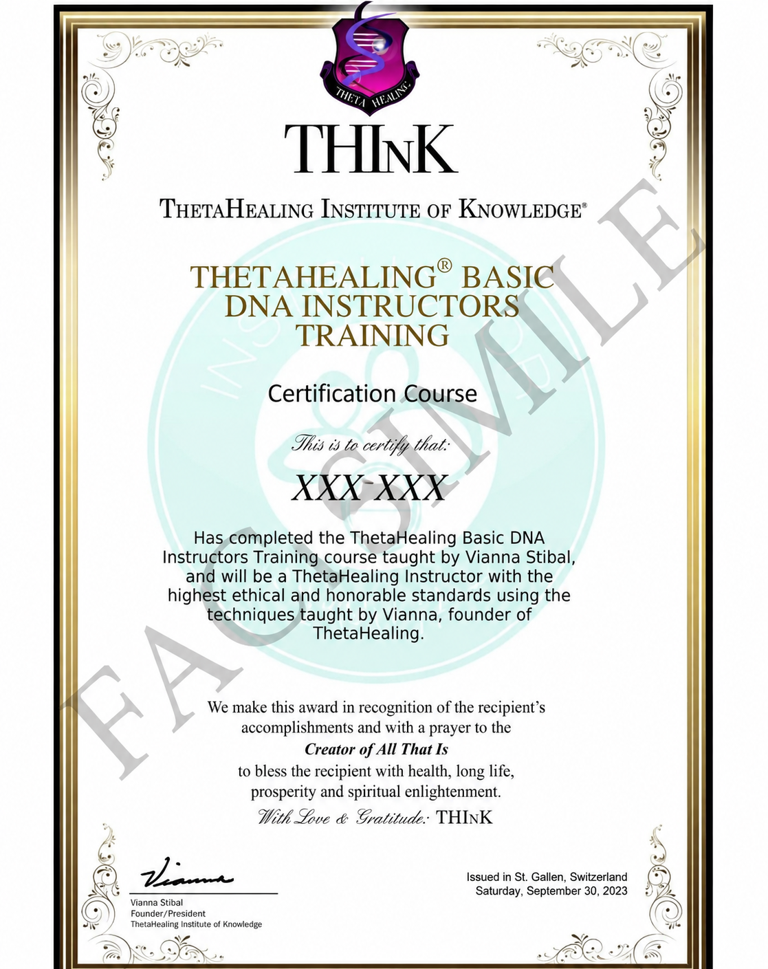 Fac-simile del certificato internazionale THInK